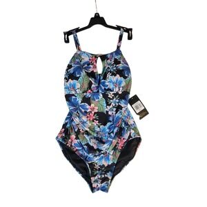 Kathy Ireland  High Neck Tropical Swimsuit Blue Hibiscus & Pink Flowers Peephole